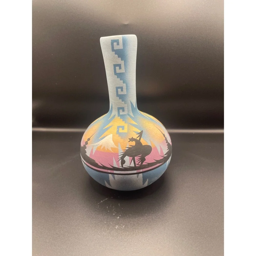 Warren Dineh Signed Southwestern Pottery Vase Blue Sunset Horse Rider Landscape